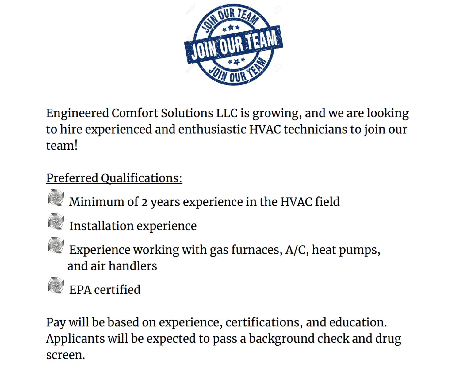 Heating Careers Canton, GA Engineered Comfort Solutions